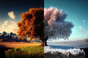 illustration of the four temporal seasons in one face, one frame, one tree. Nature concept. Digitally generated image photo