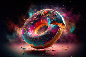 illustration of trippy doughnut collage detailed vibrant colors, splatters, giant glistening doughnut , floating in free space, pastel back drop. Digitally generated image photo