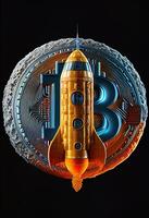 generativo ai ilustración de bitcoin a el luna, poco moneda logo y astronave foto