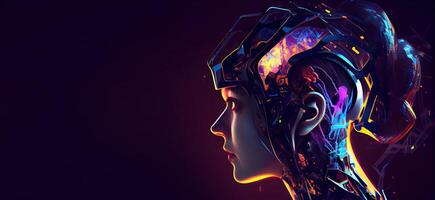 illustration of Metaverse concept and virtual world elements. Side view of human face in augmented or virtual reality headset inside the metaverse photo