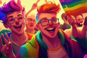 illustration of Diversity young gay women and men with waving pride rainbow flag. Supporters of the LGBT community. Neural network generated art. Digitally generated image. photo