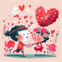 illustration of An adorable and endearing cartoon character for Valentine's Day, love, hearts, flowers, romance, happy, cheerful, joyful, fun, playful, lighthearted, sweet photo