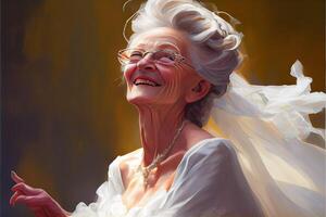 illustration of 70 year old beautiful joyful lady dressed as a bride in a white dress, beautiful photo