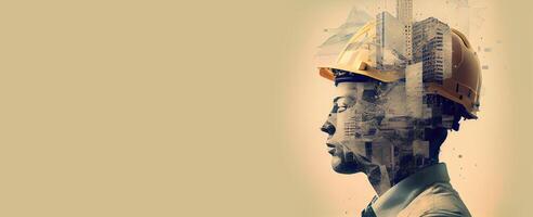 illustration of building construction engineering project devotion with double exposure design in head. Industrial and architecture. Neural network generated art. photo