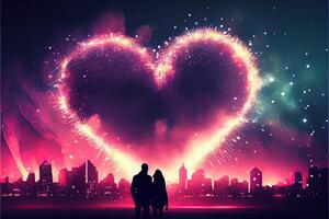 illustration of heart shaped fireworks . Lovers couple background night city . Valentine Day photo