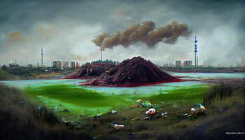 illustration of landscape with ecological disaster. Polluted earth and ocean photo