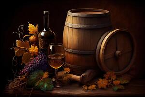 illustration of wine with wooden barrel, hay and grape photo