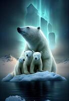 generativo ai ilustración de familia blanco oso en iceberg, Aurora cielo foto