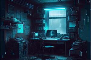 illustration of messy and dark cyberpunk hacker hideout room with lights photo