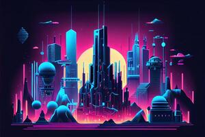 illustration of Future city, surreal neon fantasy abstract in infographic style. Neural network generated art. Digitally generated image. Not based on any actual scene or pattern photo