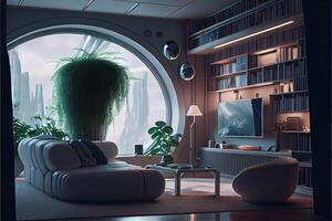 illustration of comfy living room from the year 2050, Scandinavian Japanese sci-fi design photo