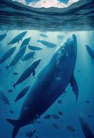 illustration of shoals of blue whales under water, ocean photo