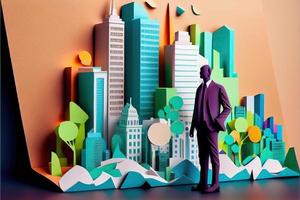 Business man in the city background, colorful. Business handshaking, successful concept. Paper cut craft, 3d paper illustration style. Neural network generated art. photo