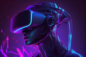 illustration of Metaverse concept and virtual world elements. Side view of human face in augmented or virtual reality headset inside the metaverse photo