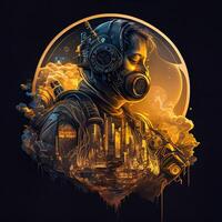 illustration of cyberpunk astronaut with a industrial smoke, mechanic detail on shoulders, pollution, centered inside intricate gold and fire circle of city and Skyscrapers photo