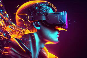 illustration of Metaverse concept and virtual world elements. Side view of human face in augmented or virtual reality headset inside the metaverse photo