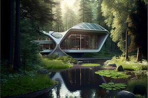 illustration of A prototype architectural design for a futuristic, eco-friendly home, with a sleek, modern design with a small stream running through the yard. photo