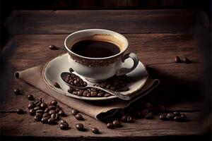 generativo ai ilustración de taza de café y café frijoles en antiguo de madera mesa y el plantaciones té colina antecedentes foto
