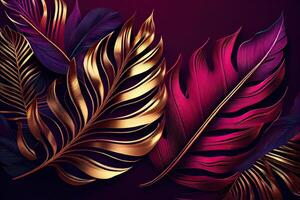illustration of Golden tropical leaves on a dark magenta and blue background, abstract luxury modern tropical background, dark red neon photo