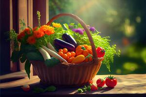 illustration of basket with vegetables in the sunny garden photo