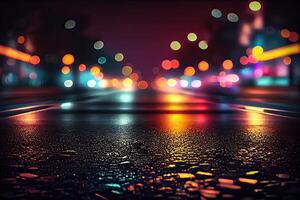 illustration of a light effect, blurred background. Wet asphalt, night view of the city, neon reflections on the concrete floor. Dark abstract background, dark empty street photo