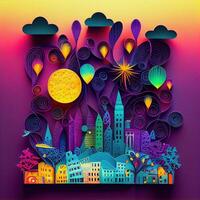 illustration of Photo paper cut quilling multidimensional paper cut, craft paper illustration, fireworks and beautiful city in new year eve, national day with colored lights, pop color.