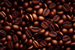 illustration of Roasted Coffee Beans Closeup On Dark Background, blurred background photo