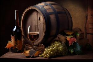 illustration of wine with wooden barrel, hay and grape photo