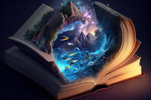 illustration of book of knowledge, universe, fantasy epic atmosphere, beautiful visual effects. Knowledge open new world. photo