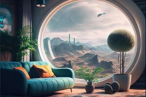 illustration of comfy living room from the year 2050, Scandinavian Japanese sci-fi design photo