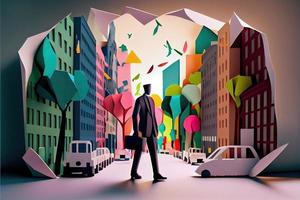Business man in the city background, colorful. Business handshaking, successful concept. Paper cut craft, 3d paper illustration style. Neural network generated art. photo