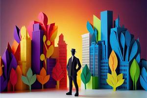 Business man in the city background, colorful. Business handshaking, successful concept. Paper cut craft, 3d paper illustration style. Neural network generated art. photo
