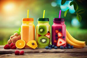 illustration of smoothies and juices made from a variety of fresh fruits from the tropics. Clean eating, a healthy diet, and vitamin infused beverages are concepts, blurred background photo
