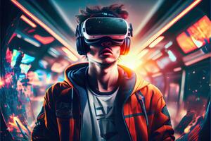 illustration of an enthusiastic young men wearing virtual reality goggles is inside the metaverse. Metaverse concept and virtual world elements. Neural network art photo