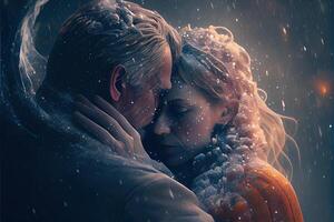 illustration of a blizzard of love. Couple kissing in snow. Big heart. Love and valentine day concept. Neural network generated art. Digitally generated image. photo