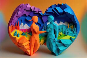 generativo ai ilustración de origami enamorado día fondo, contento pareja, vistoso. papel cortar artesanía, 3d papel estilo. neural red generado Arte. digitalmente generado imagen foto