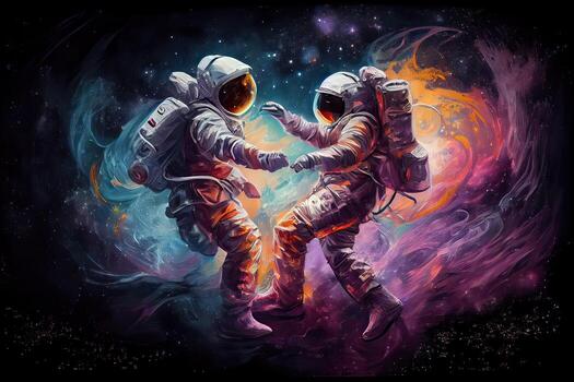 generativo ai ilustración de dos astronautas, vestido en trajes espaciales, son flotante en cero gravedad mientras bailando cercanamente. el antecedentes es un asombroso ver de el galaxia, con estrellas y nebulosas foto