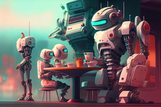 illustration of a futuristic robot cafe with a wide range of robot customers, where robots of all shapes and sizes come to enjoy a cup of java or a sweet treat photo