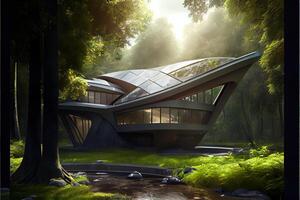 illustration of A prototype architectural design for a futuristic, eco-friendly home, with a sleek, modern design with a small stream running through the yard. photo