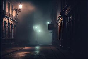 generativo ai ilustración de oscuro melancólico vacío calle con fumar, niebla tóxica foto