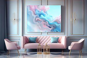 illustration of the ethereal beauty of a delicate pastel interior with a picture on a light wall featuring clouds and waves photo