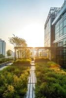 illustration of Gorgeous garden on the rooftop of a contemporary glass office building in Asia photo