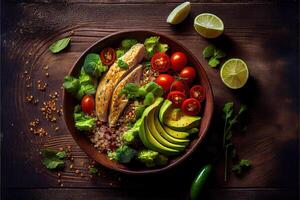 illustration of healthy salad bowl with quinoa, tomatoes, chicken, avocado, lime and mixed greens, lettuce, parsley on wooden background top view. Food and health. photo