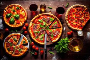 illustration of pizza party dinner. Flat-lay of various kinds of Italian pizza, salad and red wine in glasses over rustic wooden table, top view, wide composition photo