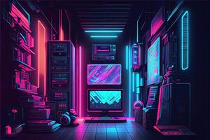 illustration of gaming background, abstract cyberpunk style of gamer wallpaper, neon glow light of scifi fluorescent sticks. Digitally generated image photo