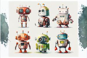 illustration of a cute robot collection on white background with margins, watercolor photo