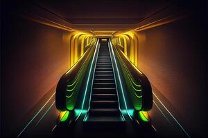 generativo ai ilustración de subterráneo escalera mecánica con neón iluminación, dinámica luces, hacia arriba movimienot, escalera foto