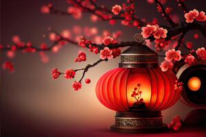 illustration of Chinese traditional red festival background with a chinese red plum blossom, lantern, spring festival, new year, chinese traditional culture element photo