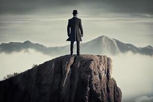 illustration of a lonely business man on top of the mountain photo