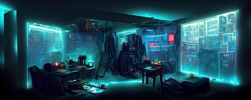 illustration of messy and dark cyberpunk hacker hideout room with lights photo